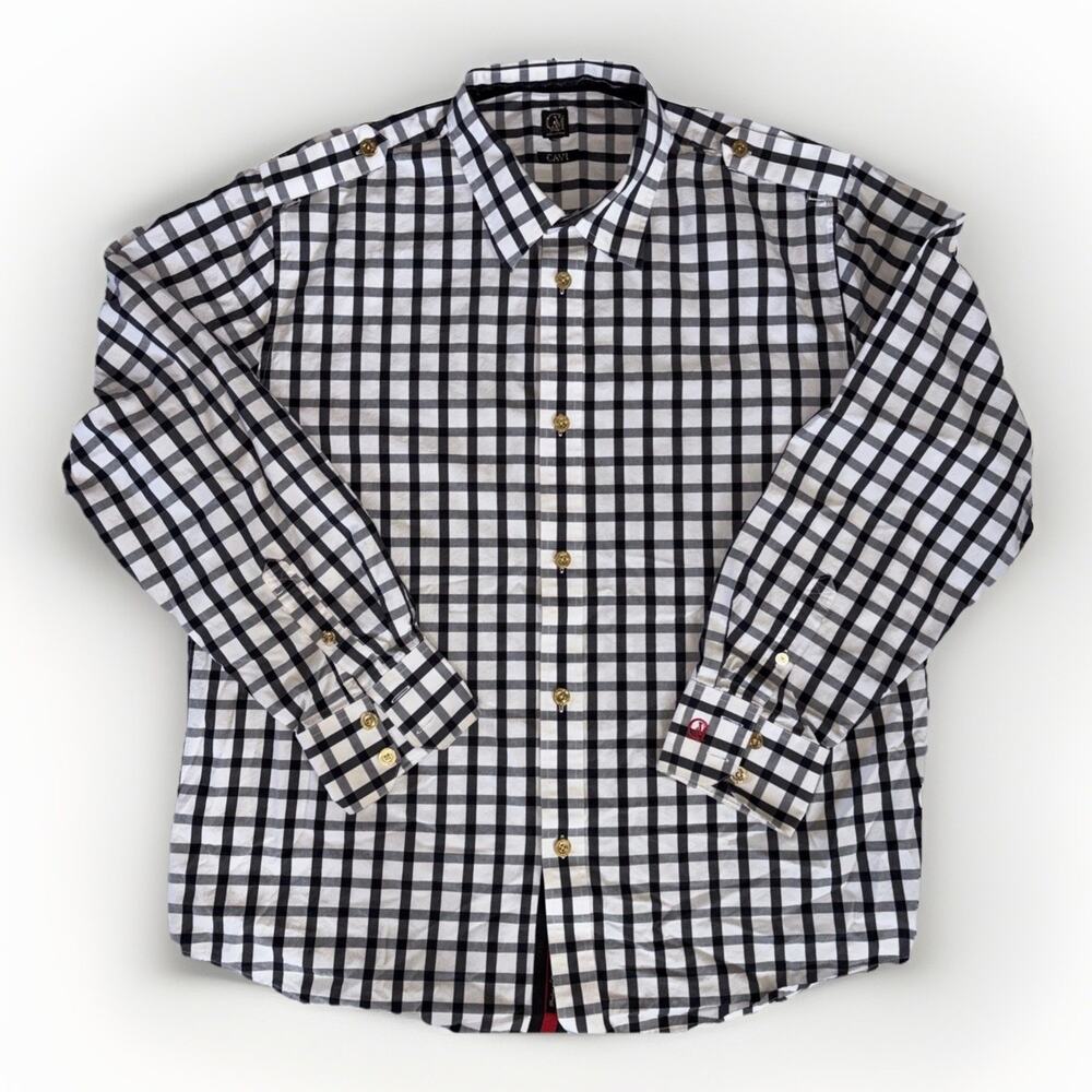 Cavi Button-Up Men’s 2XL Black & White Plaid Long Sleeve Pockets Gold Buttons